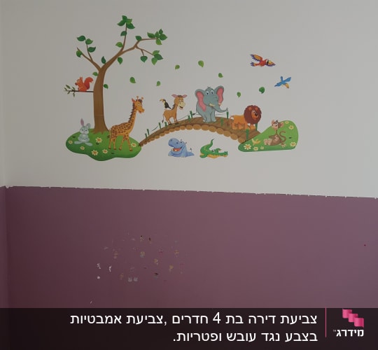 ציור קיר עם חיות צבעוניות על רקע לבן